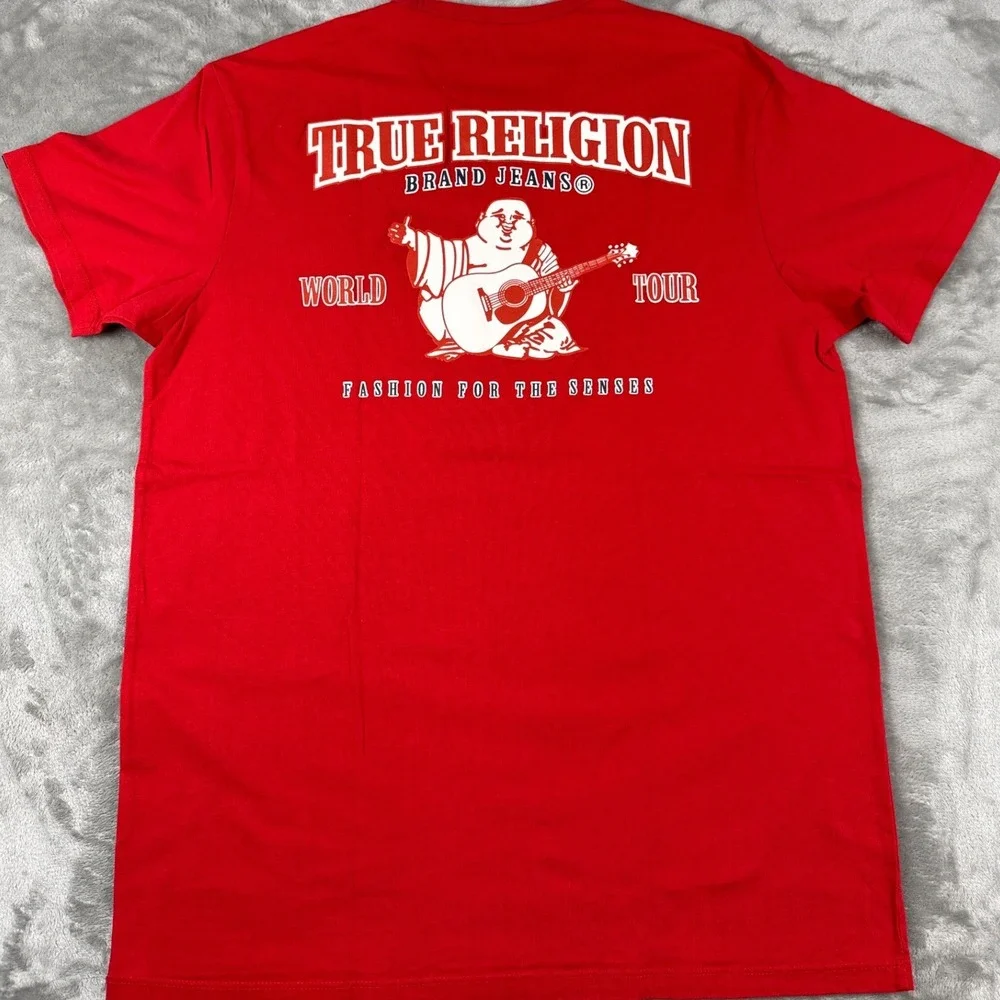 True Religion Mens Red World Tour Buddha Graphic T-Shirt Large Short Sleeve